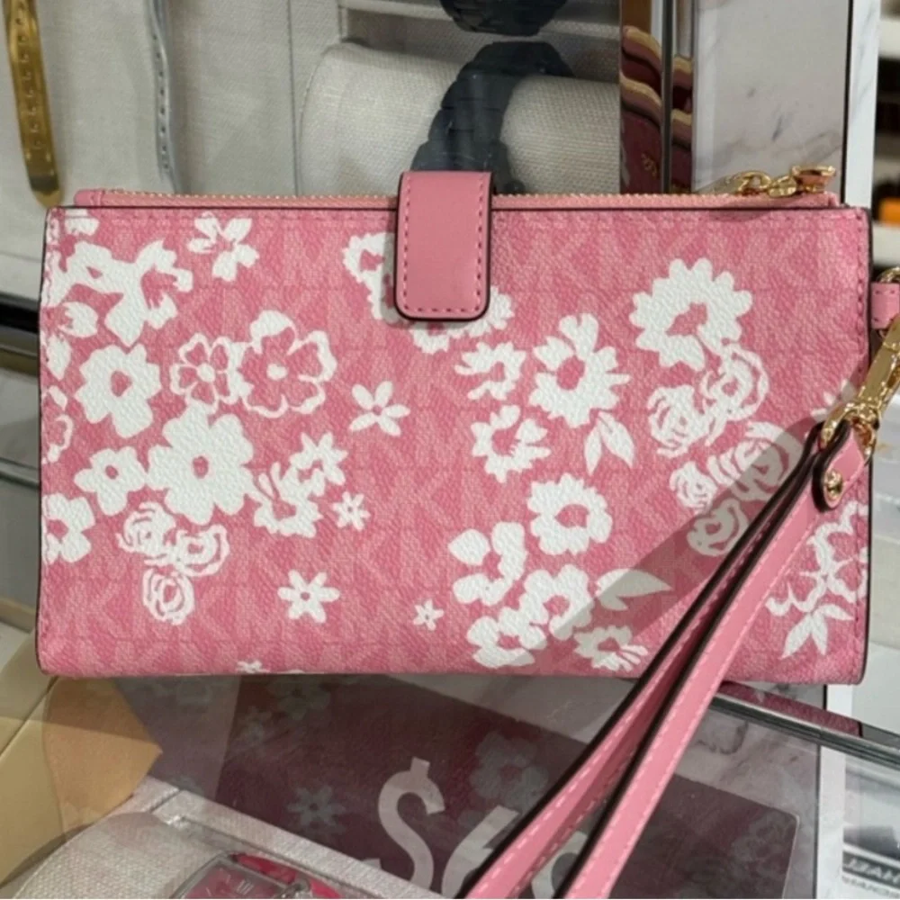 MICHAEL KORS JST Lg Double Zip Printed Sign Logo Wristlet Wallet CARNATION